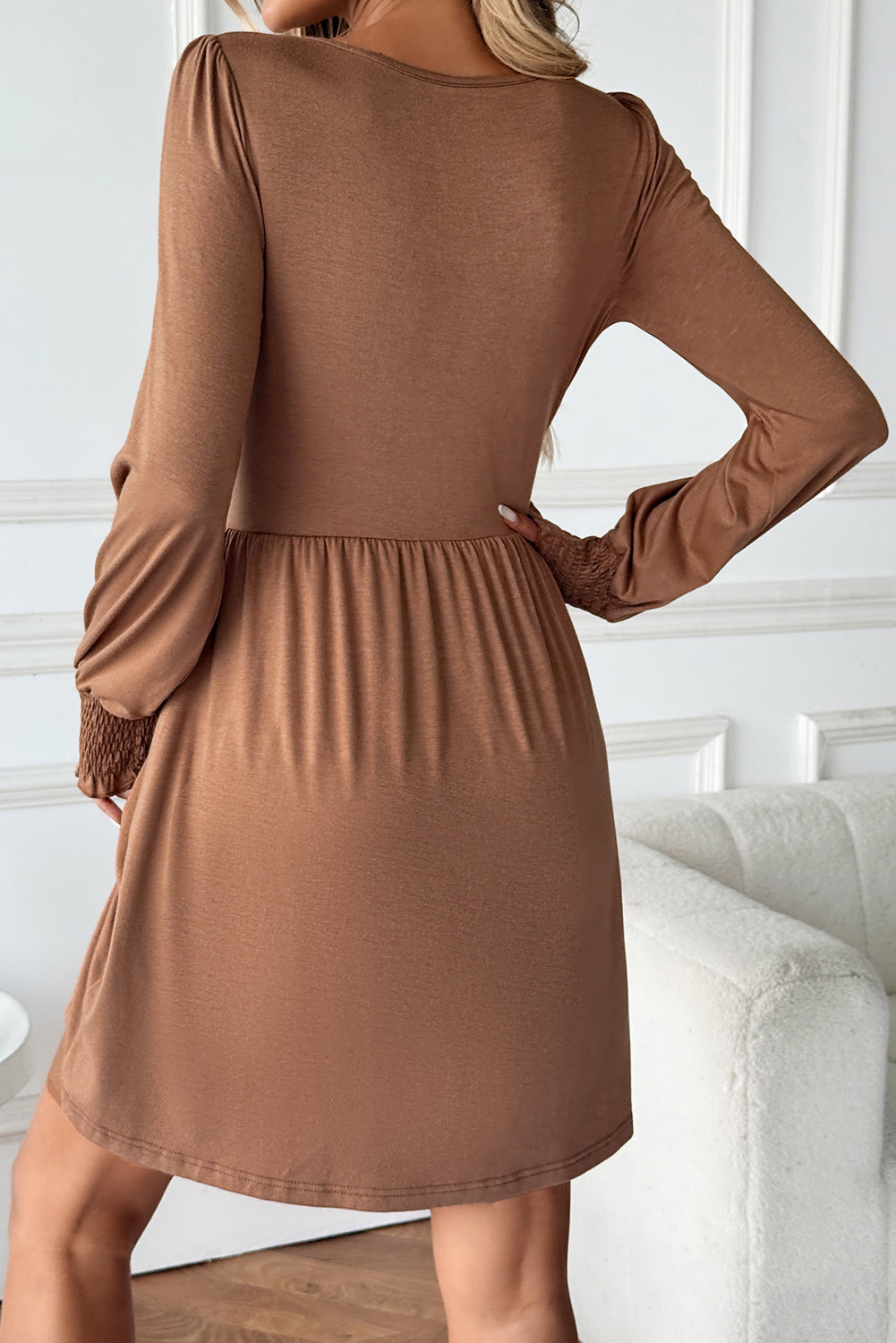 Chestnut Shirred Cuff Long Sleeve Button Round Neck Mini Dress 🇺🇸