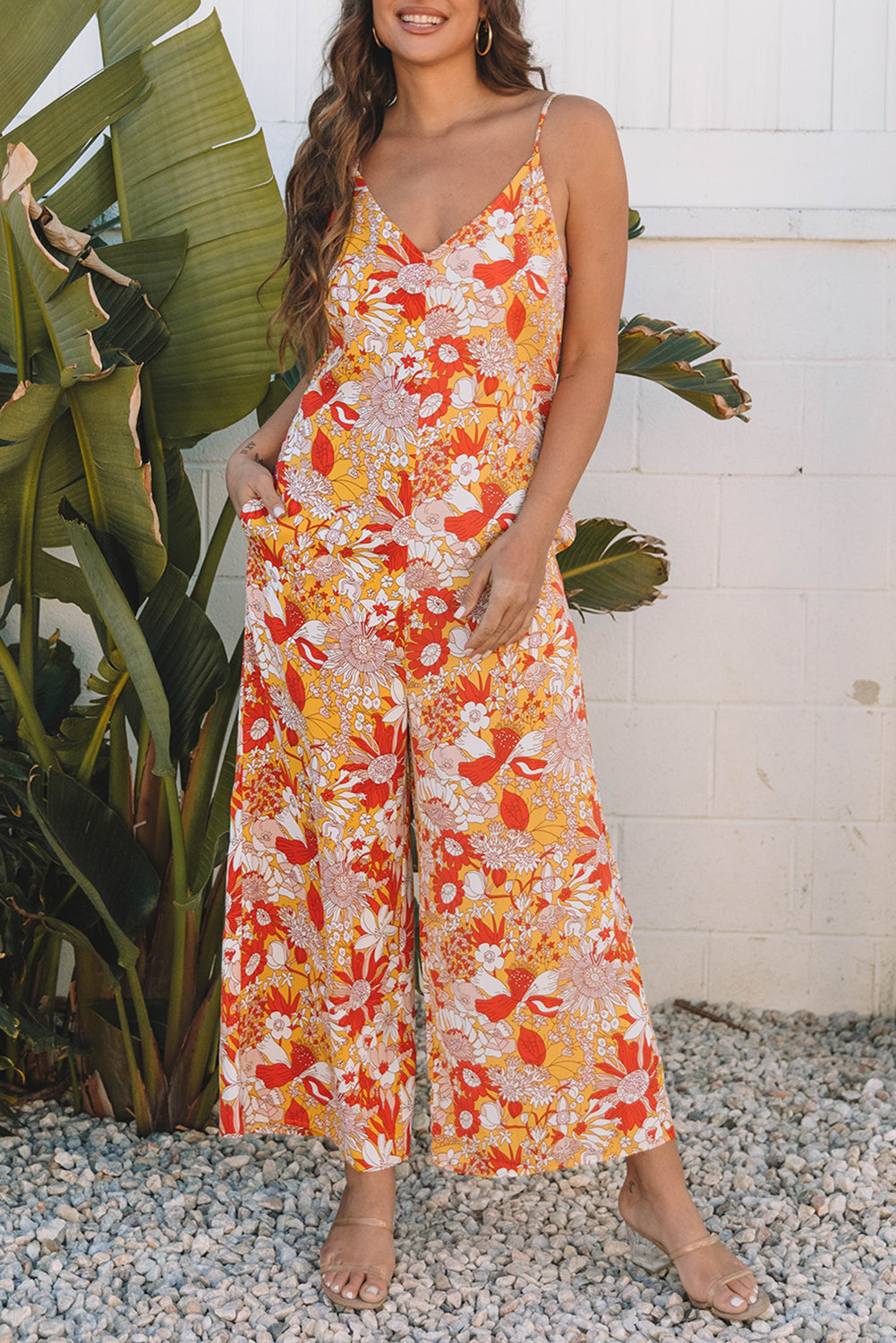 Orange Floral V Neck Wide Leg Sleeveless Jumpsuit 🇨🇳