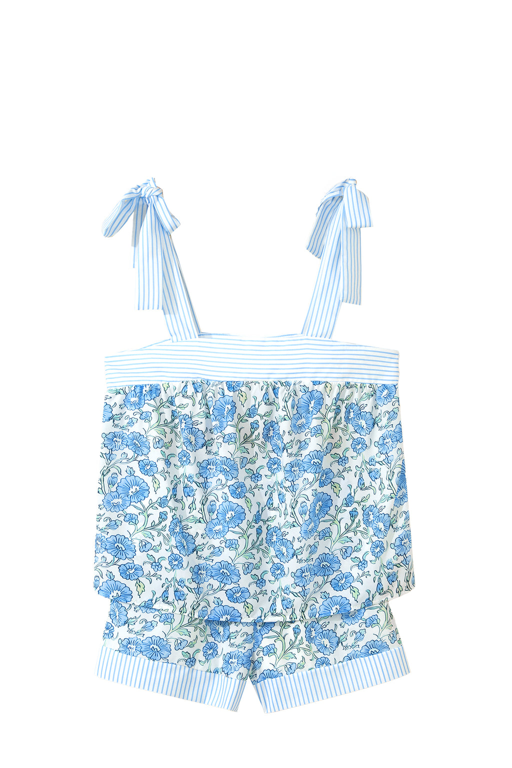 Sky Blue Floral Striped Patchwork Knot Straps 2pcs Short Set 🇺🇸