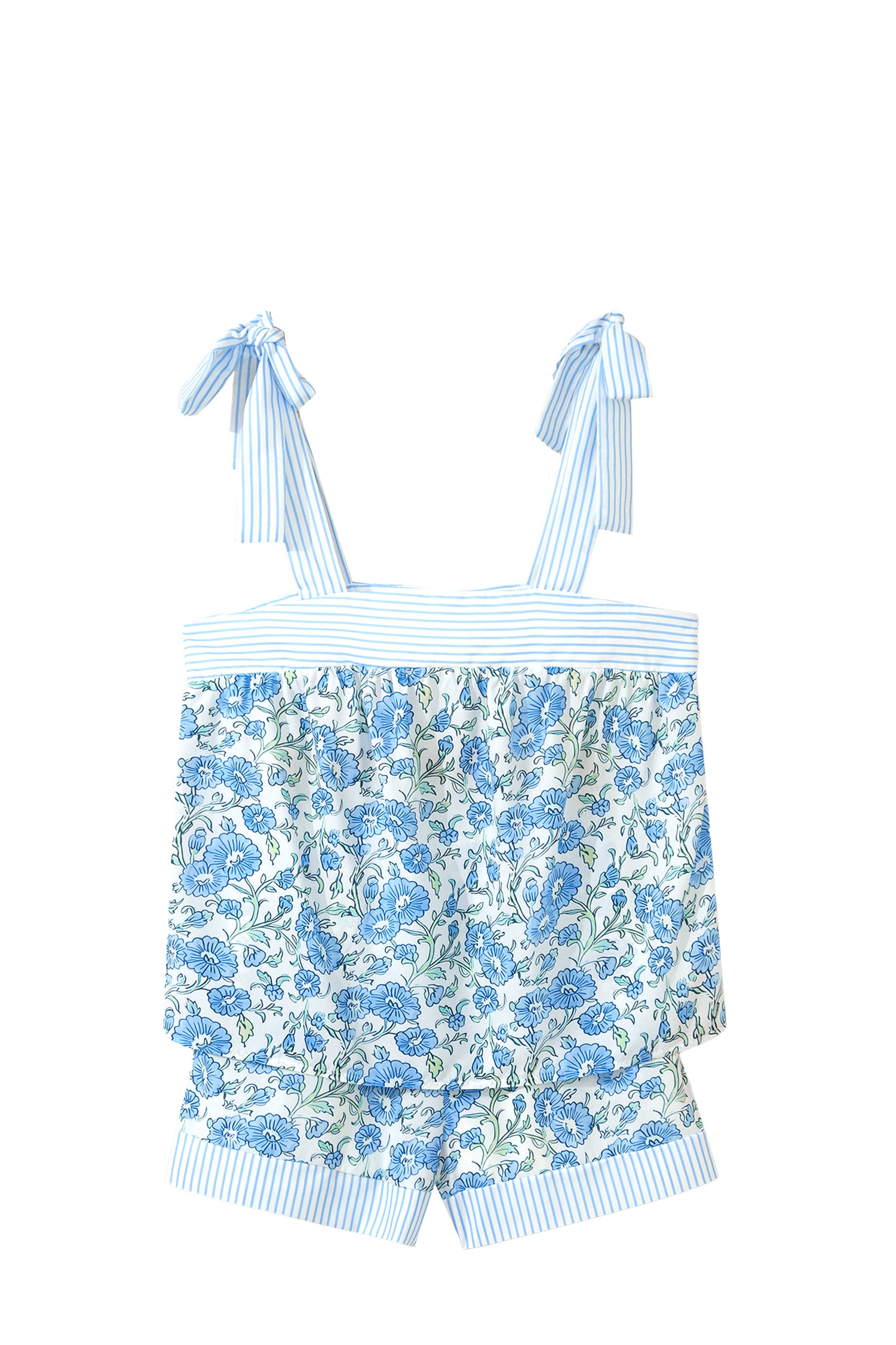 Sky Blue Floral Striped Patchwork Knot Straps 2pcs Short Set 🇺🇸