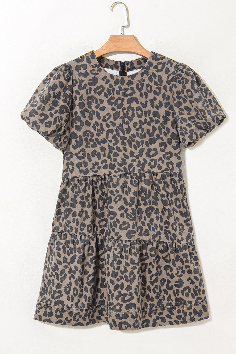 Brown Denim Leopard Printed Short Puff Sleeve Mini Dress 🇨🇳