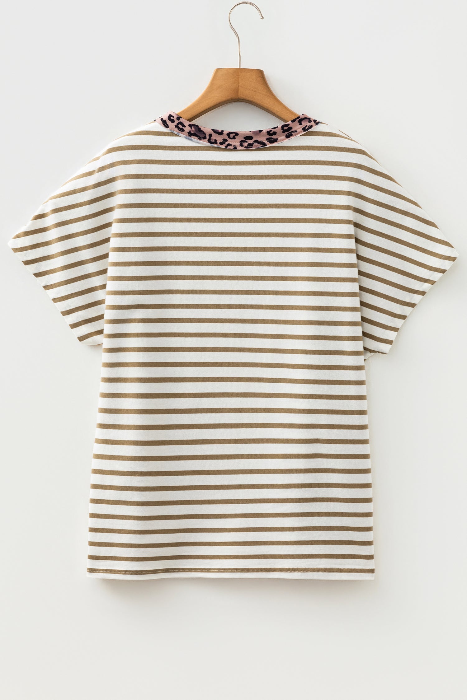 Khaki Stripe Leopard Patchwork Round Neck Loose T Shirt 🇺🇸