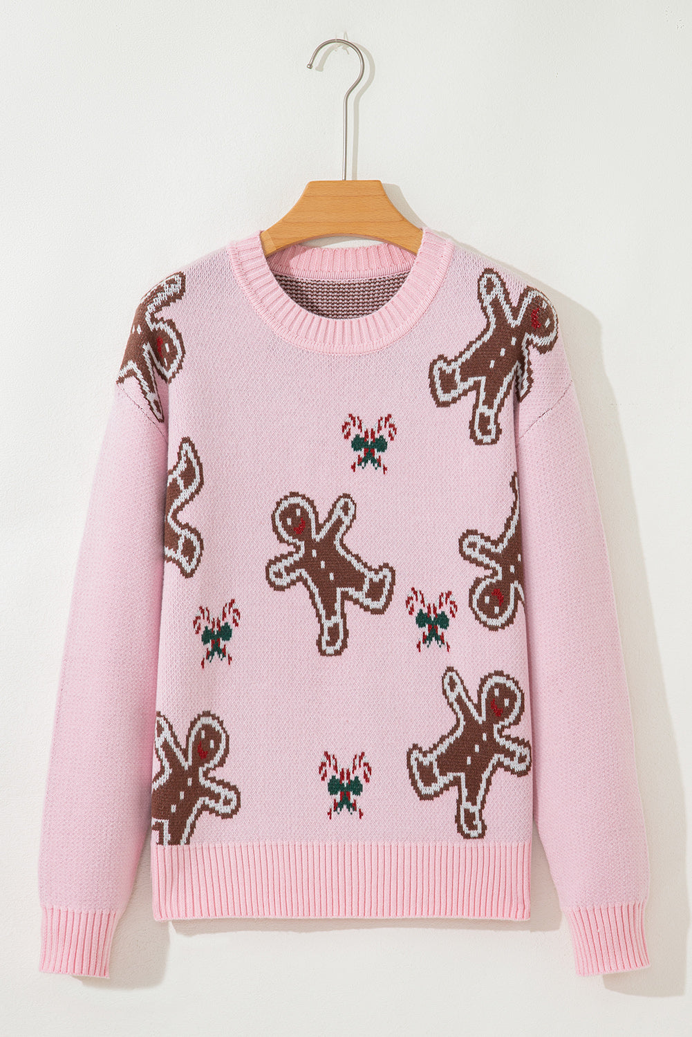 Pink Christmas Ginger Bread Man Print Round Neck Casual Sweater 🇺🇸