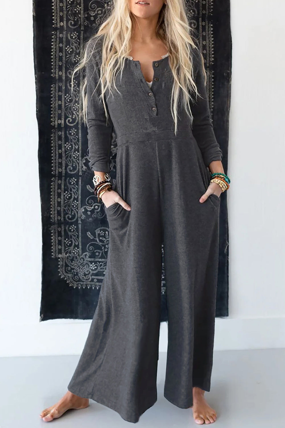 Gray Button Long Sleeve Wide Leg Jumpsuit 🇺🇸