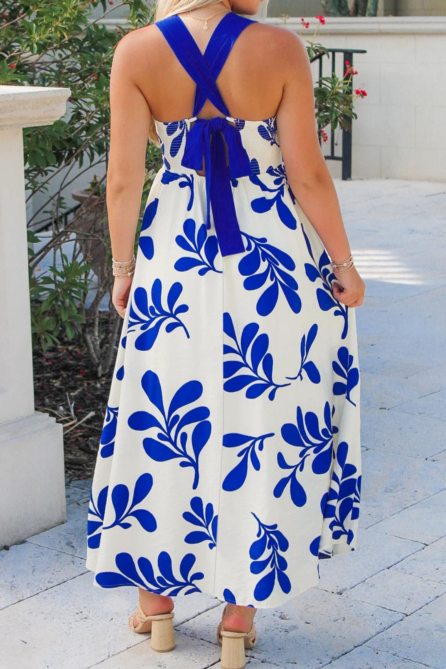 Blue Floral Print Crisscross Tie Back Sleeveless Long Dress 🇺🇸