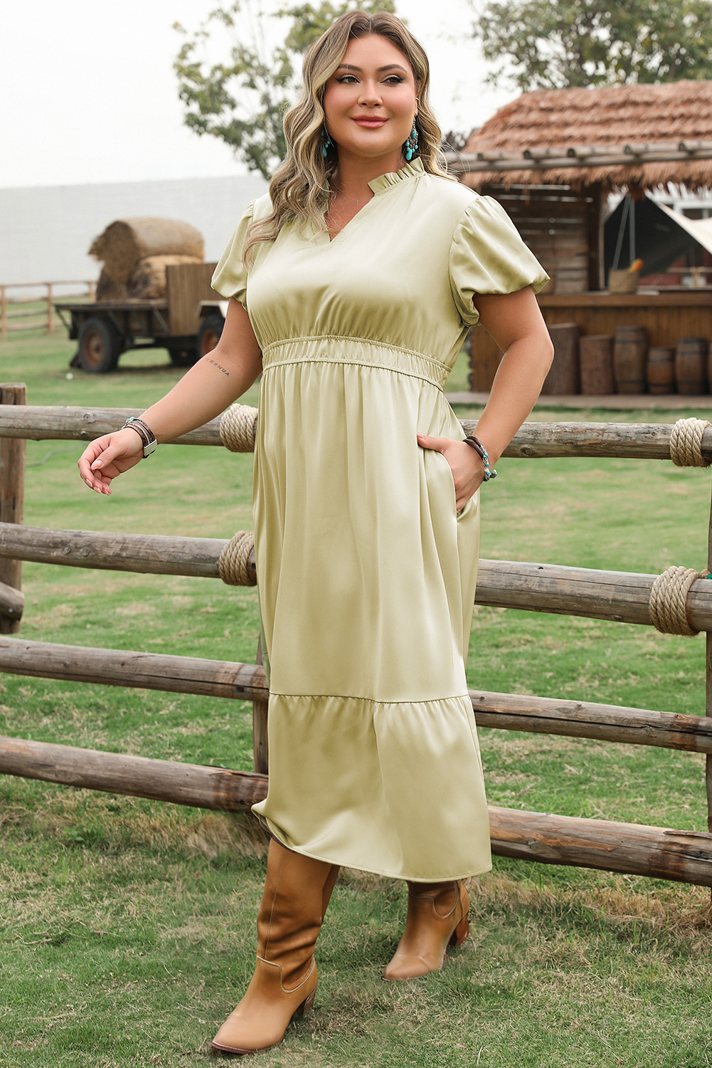 Laurel Green Notched V Neck Puff Sleeve Tiered Plus Size Maxi Dress 🇺🇲