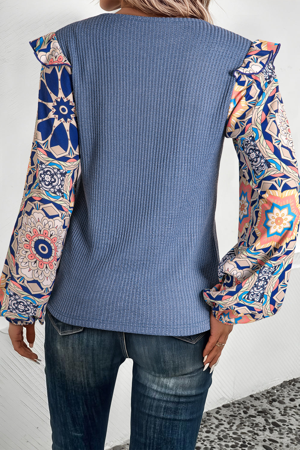 Ashleigh Blue Ruffled Floral Sleeve Patchwork Waffle Knit O Neck Blouse 🇺🇸