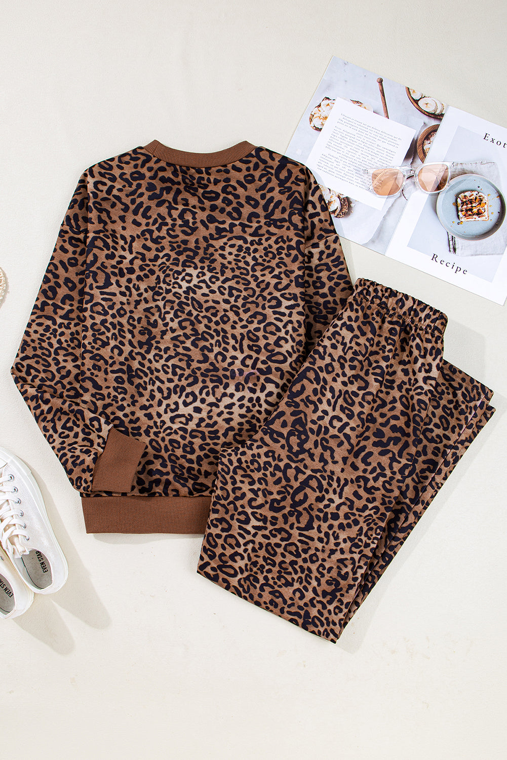 Coffee Leopard Print Contrast Trim Long Sleeve Top and Pants Set 🇺🇸