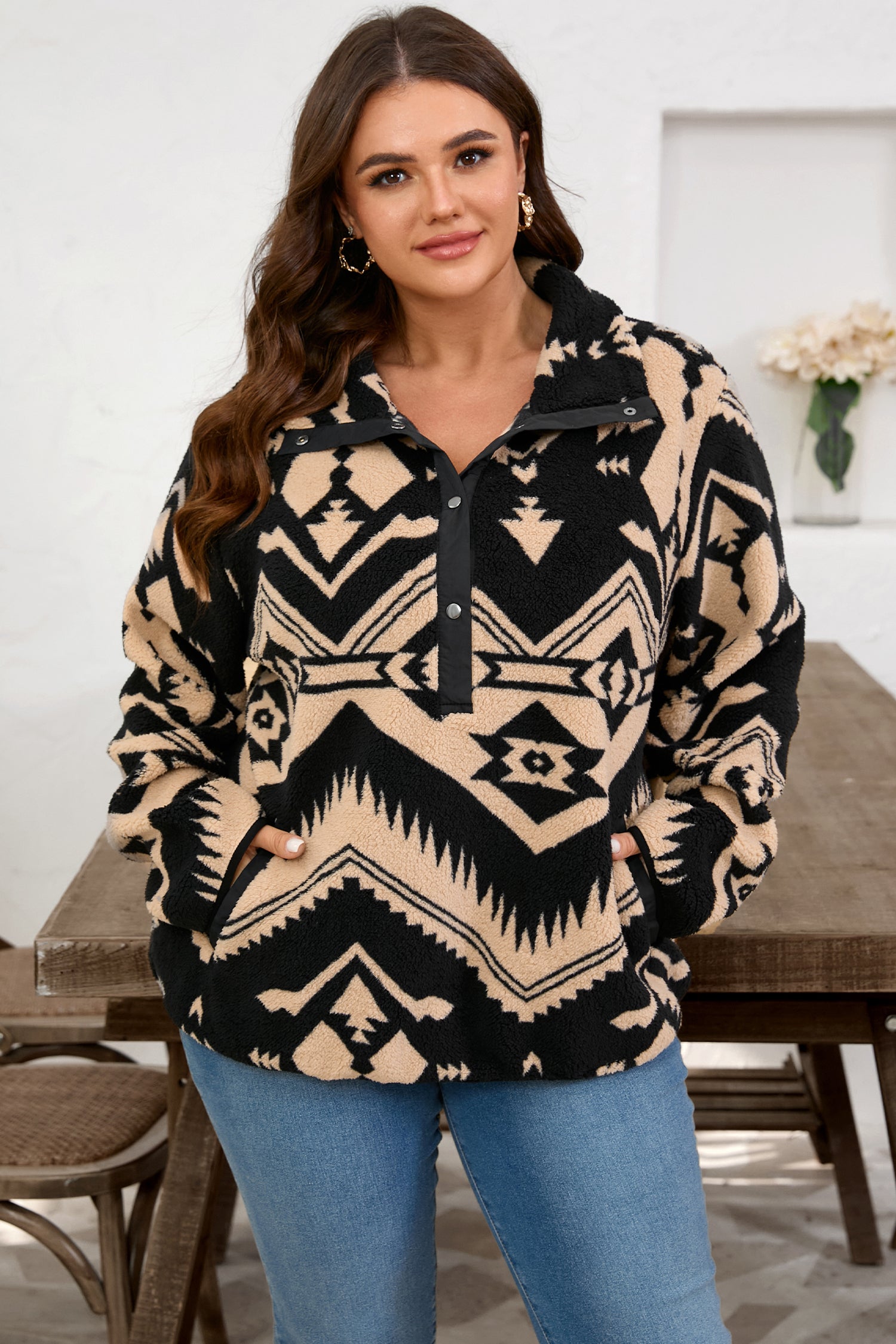 Black Plus Size Western Aztec Pattern Half Button Collared Plush Sweatshirt 🇺🇸