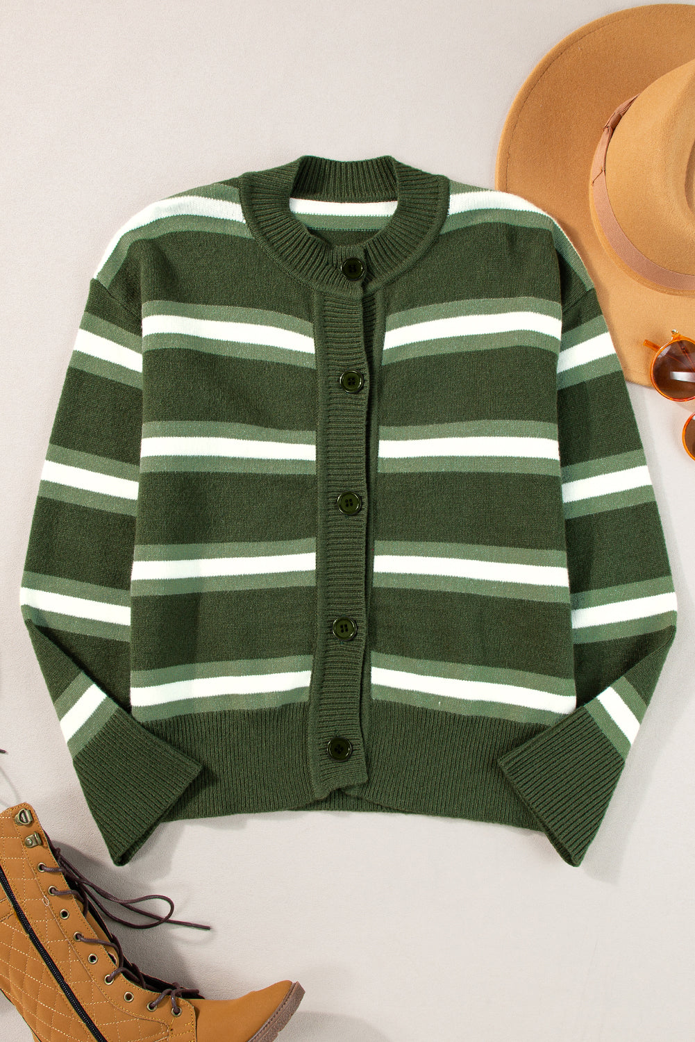 Green Stripe Drop Shoulder Buttons Cardigan Sweater 🇺🇸