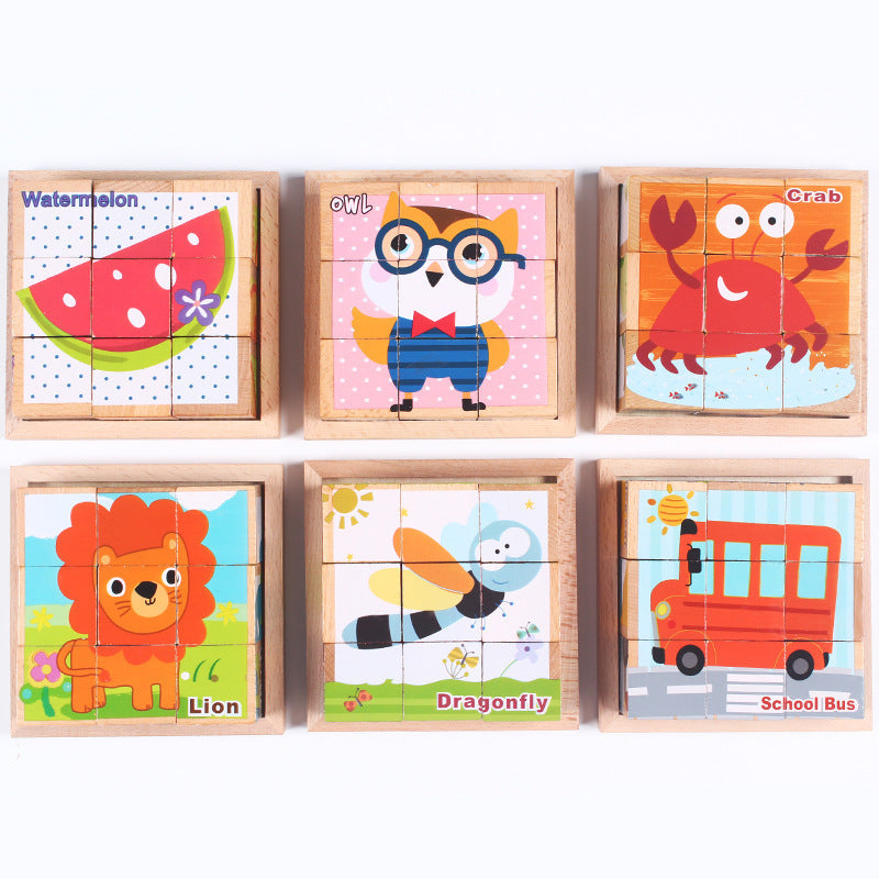 High-grade Six-face Picture Wooden Jigsaw 3D Puzzle Toys Children's Early Educational Toy Cube Jigsaw Puzzle Baby Kids Gifts 🇨🇳