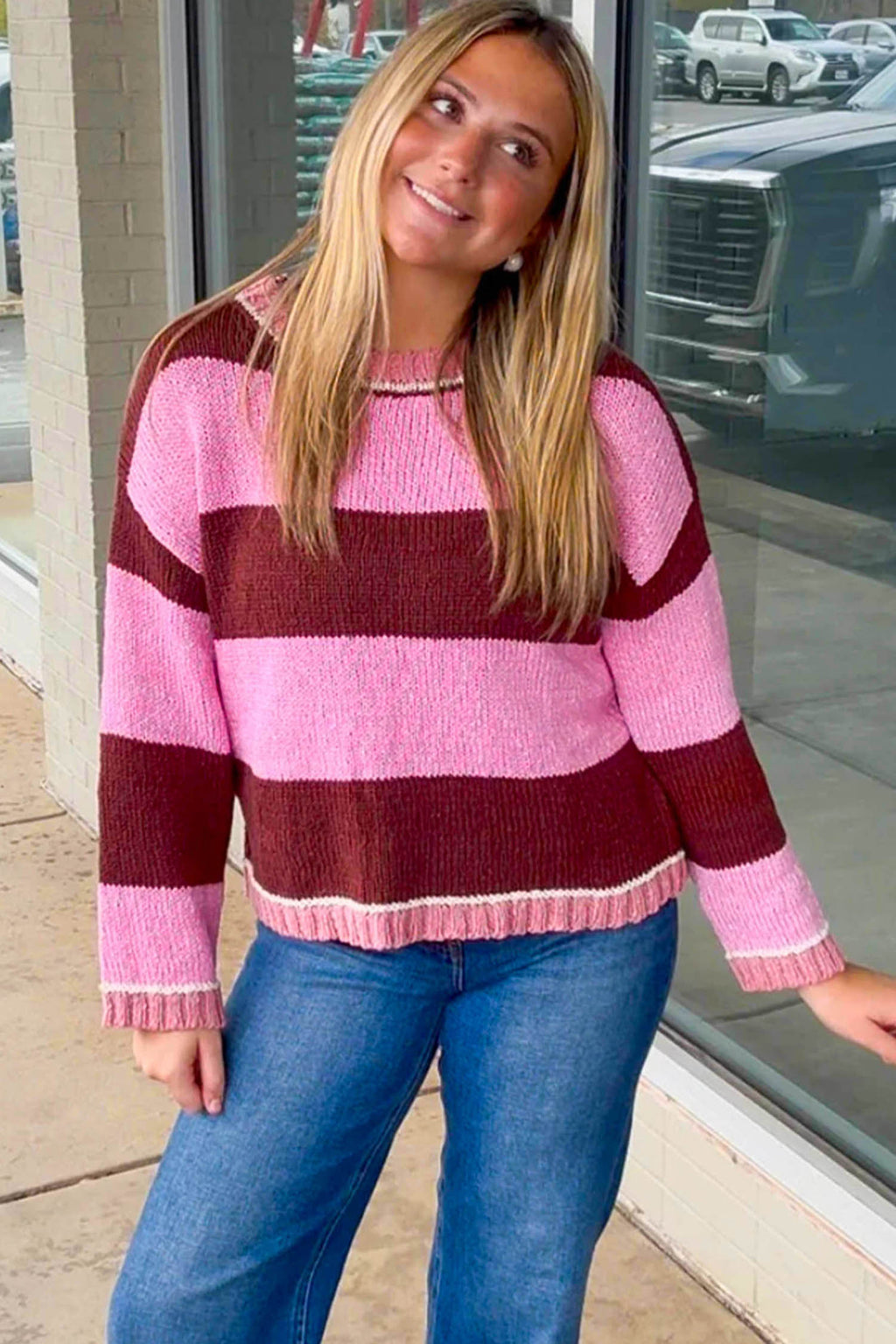 Pink Stripe Striped Drop Shoulder Long Sleeve Pullover Regular Fit Knit Sweater 🇺🇸