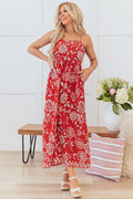 Red Floral Printed Spaghetti Strap Empire Waist Maxi Dress 🇺🇸