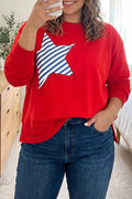 Fiery Red Patch Embroidery Star Colorblock Plus Size Sweatshirt 🇺🇸