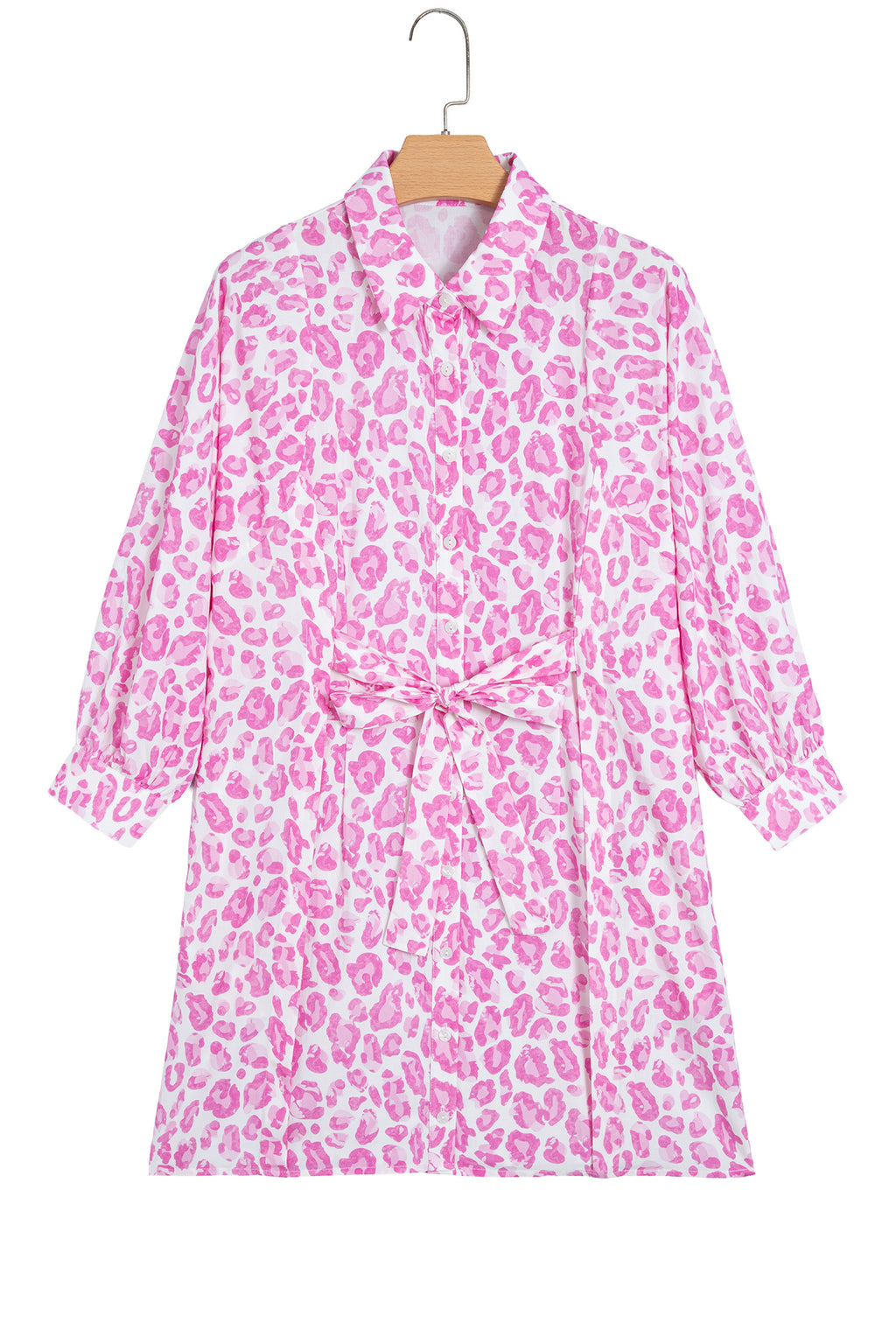 Pink Abstract Leopard Print Tie Waist Puff Sleeve Mini Shirt Dress 🇺🇸