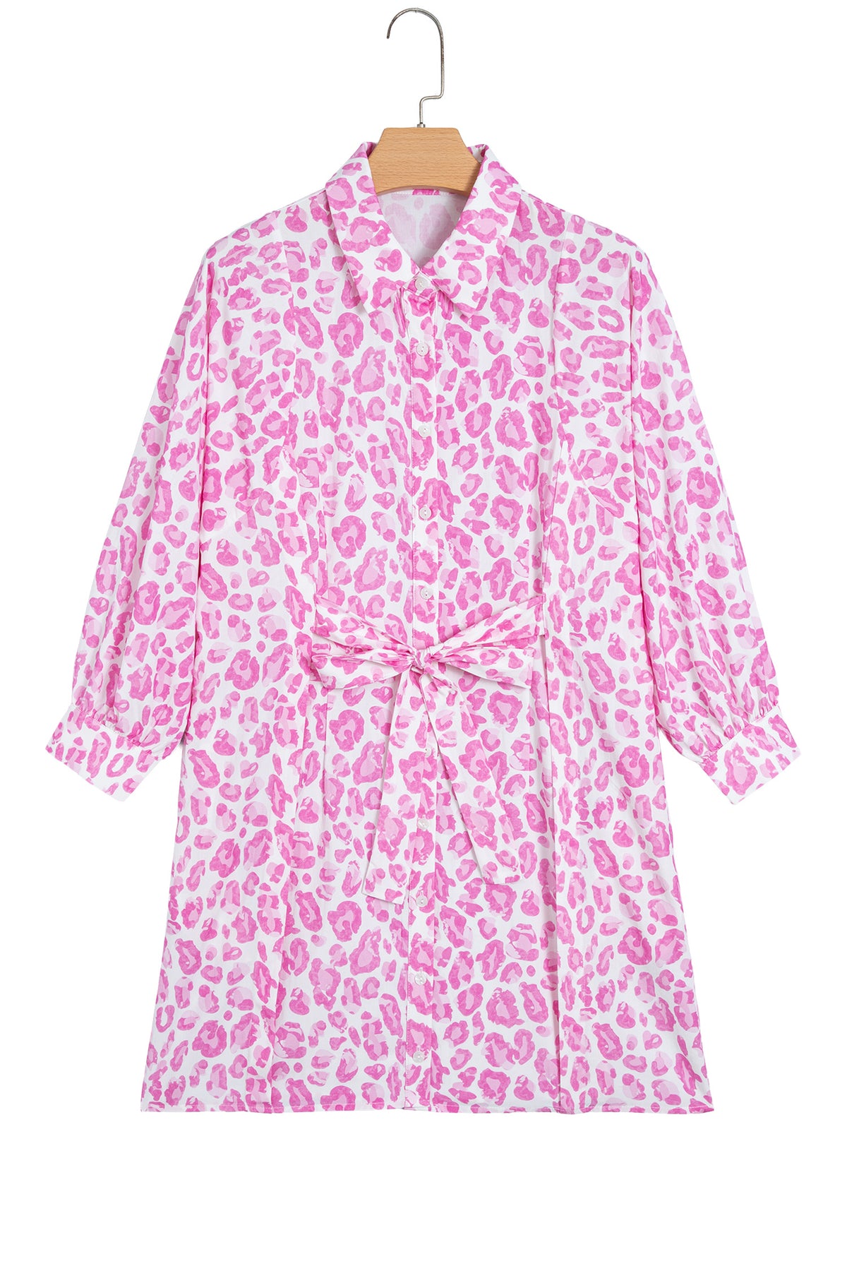 Pink Abstract Leopard Print Tie Waist Puff Sleeve Mini Shirt Dress 🇺🇸