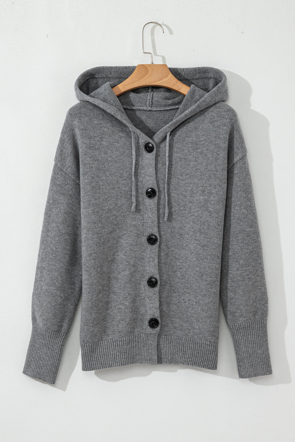 Medium Grey Drawstring Hooded Button Up Drop Shoulder Sweater Cardigan 🇨🇳