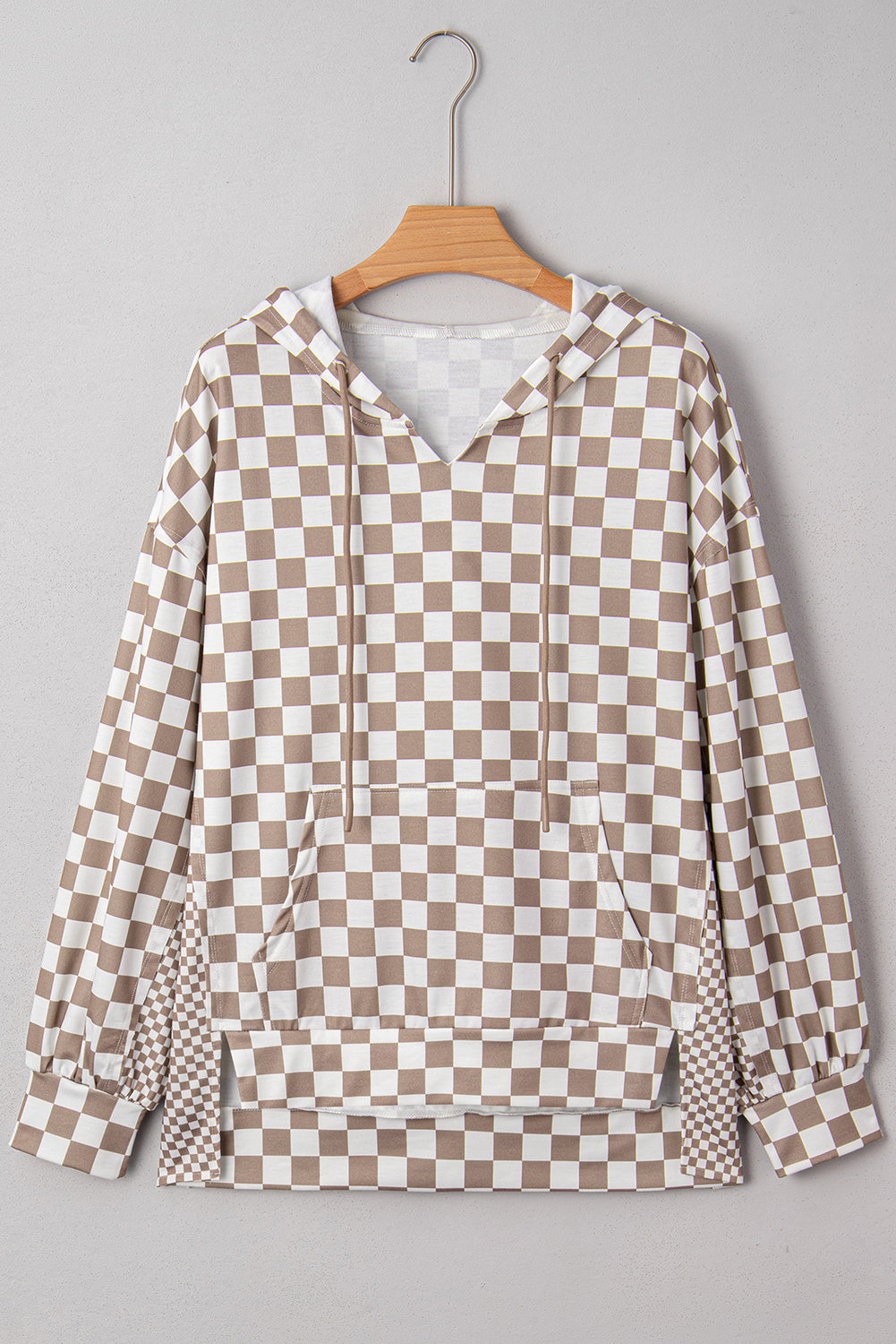 Khaki Double Checkered Patchwork Tie Neck Oversize Hoodie 🇺🇸