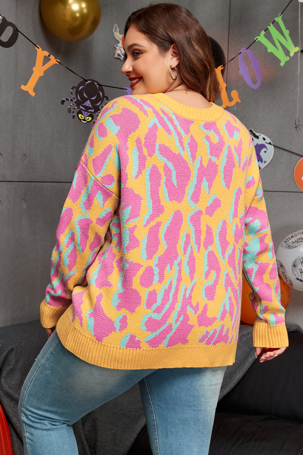 Bright Pink Plus Size Leopard Ribbed Trim Sweater 🇺🇸