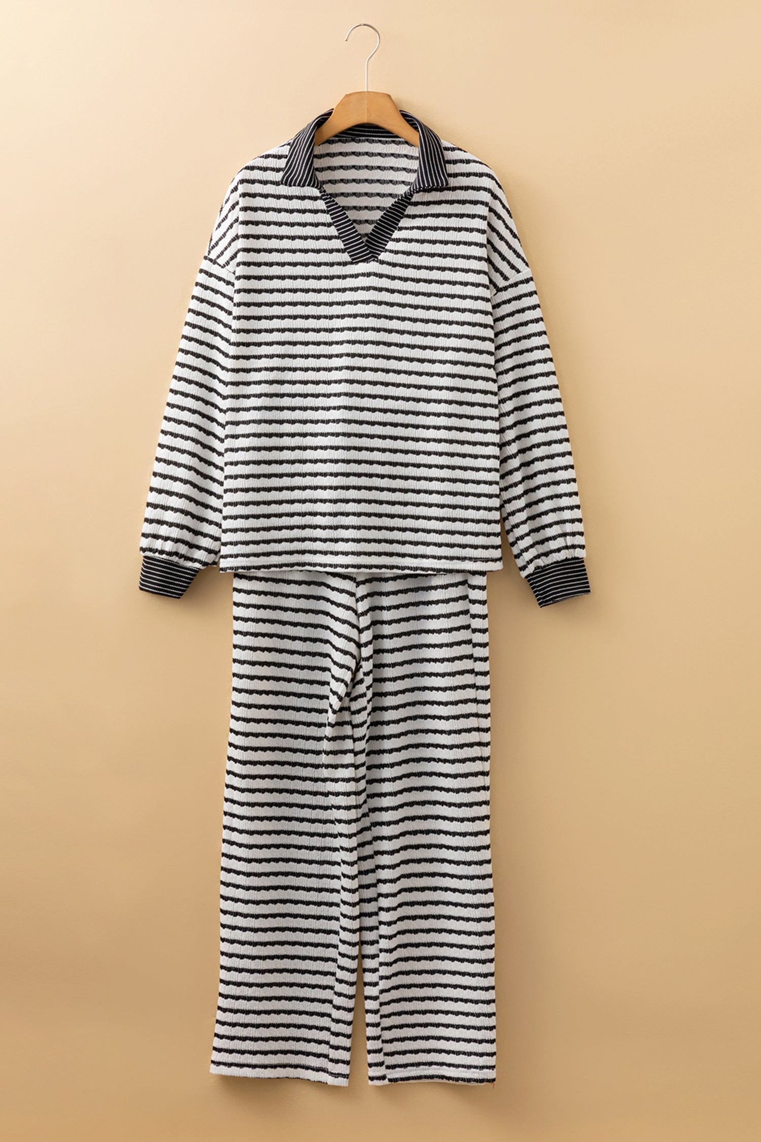 White Stripe Collared Pullover Top and Drawstring Pant Set 🇺🇸