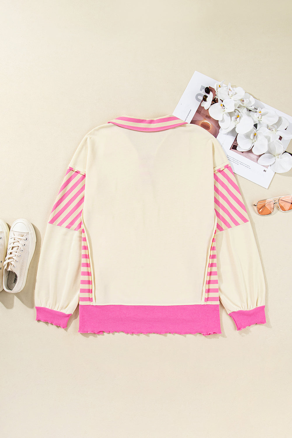 Pink Stripe Contrast Polo Collar Drop Shoulder Patchwork Plus Size Pullover 🇺🇸