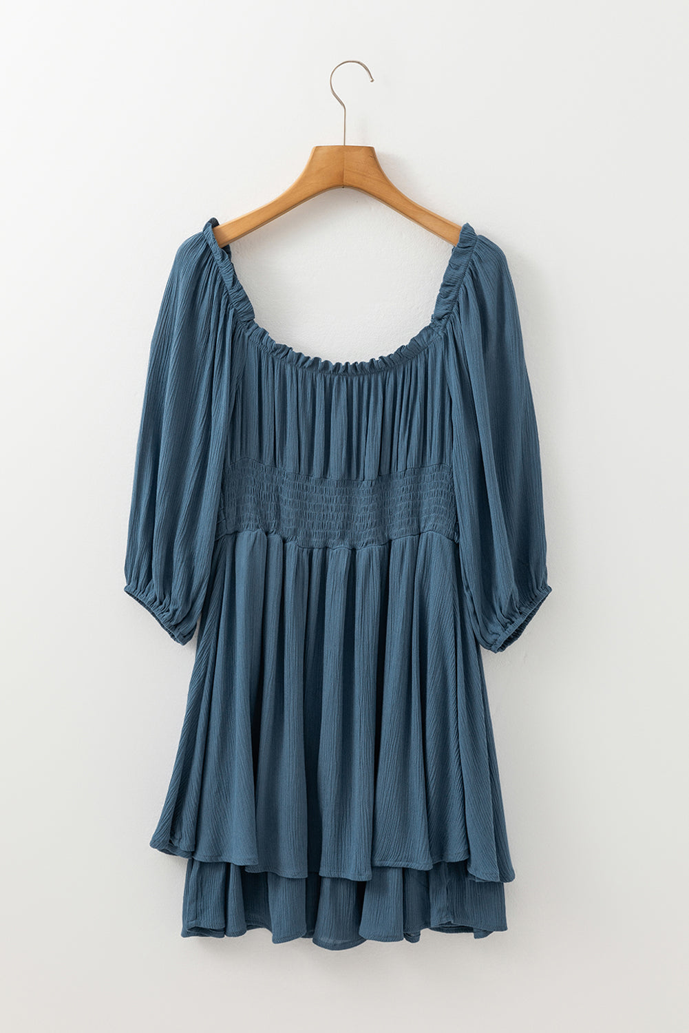 Real Teal Frilled Neckline 3/4 Sleeve Layered Ruched Mini Dress 🇺🇸