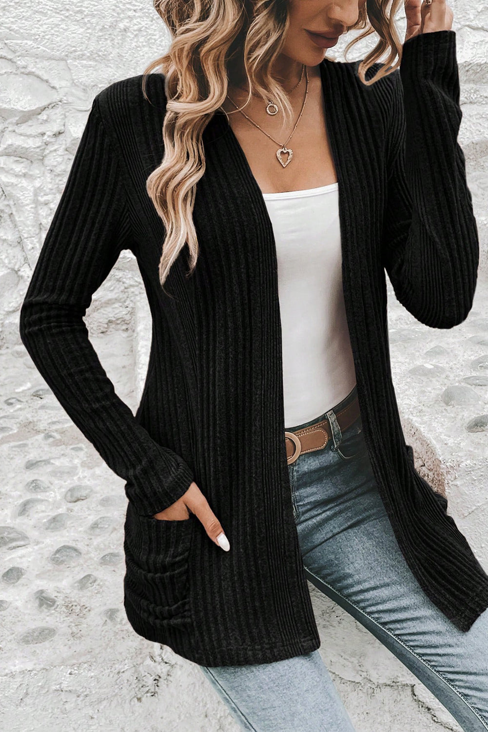 Black Ribbed Open Front Knitted Top with Pockets 🇺🇸
