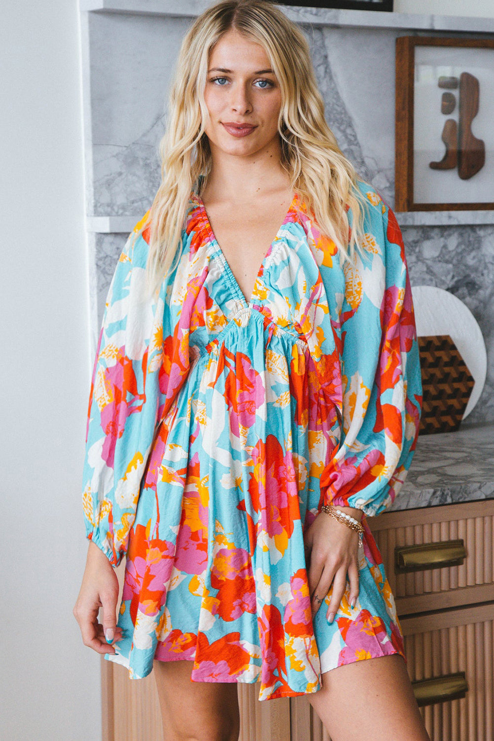 Sky Blue Floral Bracelet Sleeve Empire Waist Mini Dress 🇺🇸