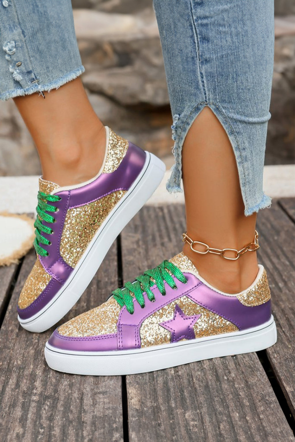 Rose Gold Glitter Star Patchwork PU Leather Lace-up Sneakers 🇺🇸