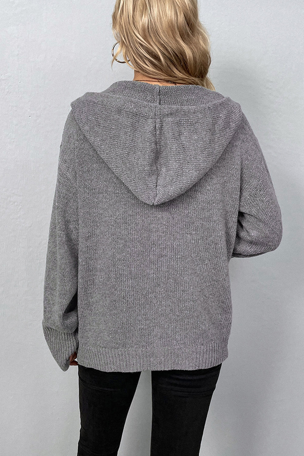 Medium Grey Drawstring Hooded Button Up Drop Shoulder Sweater Cardigan 🇨🇳