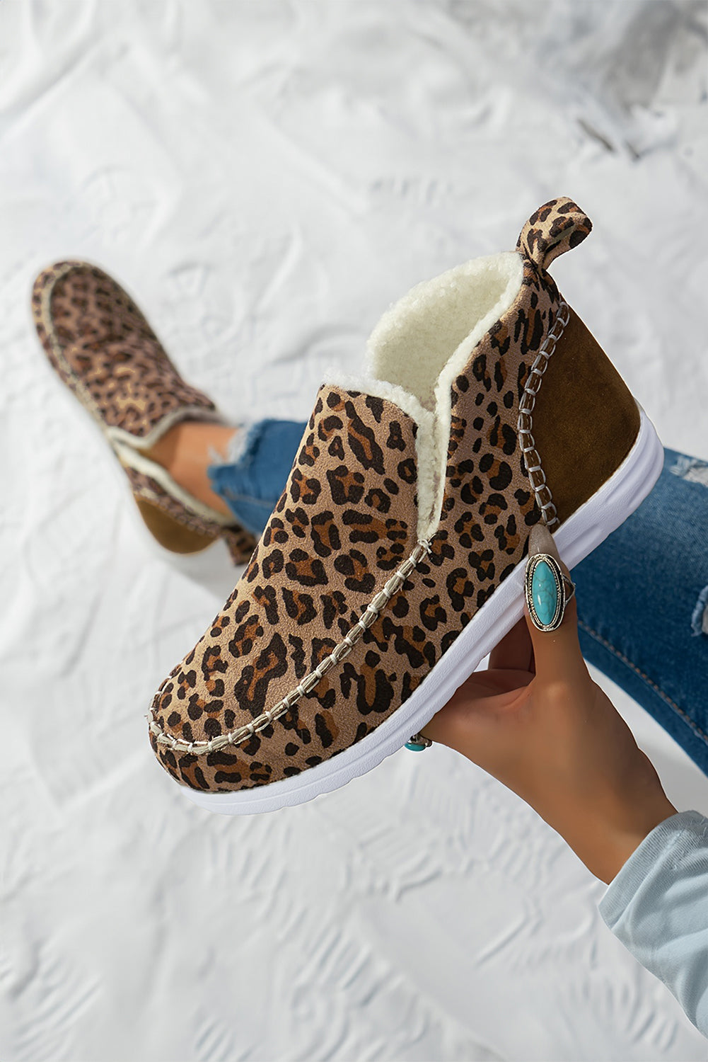 Brown Leopard Print Ankle Patched Flat Winter Fur Boots 🇺🇸
