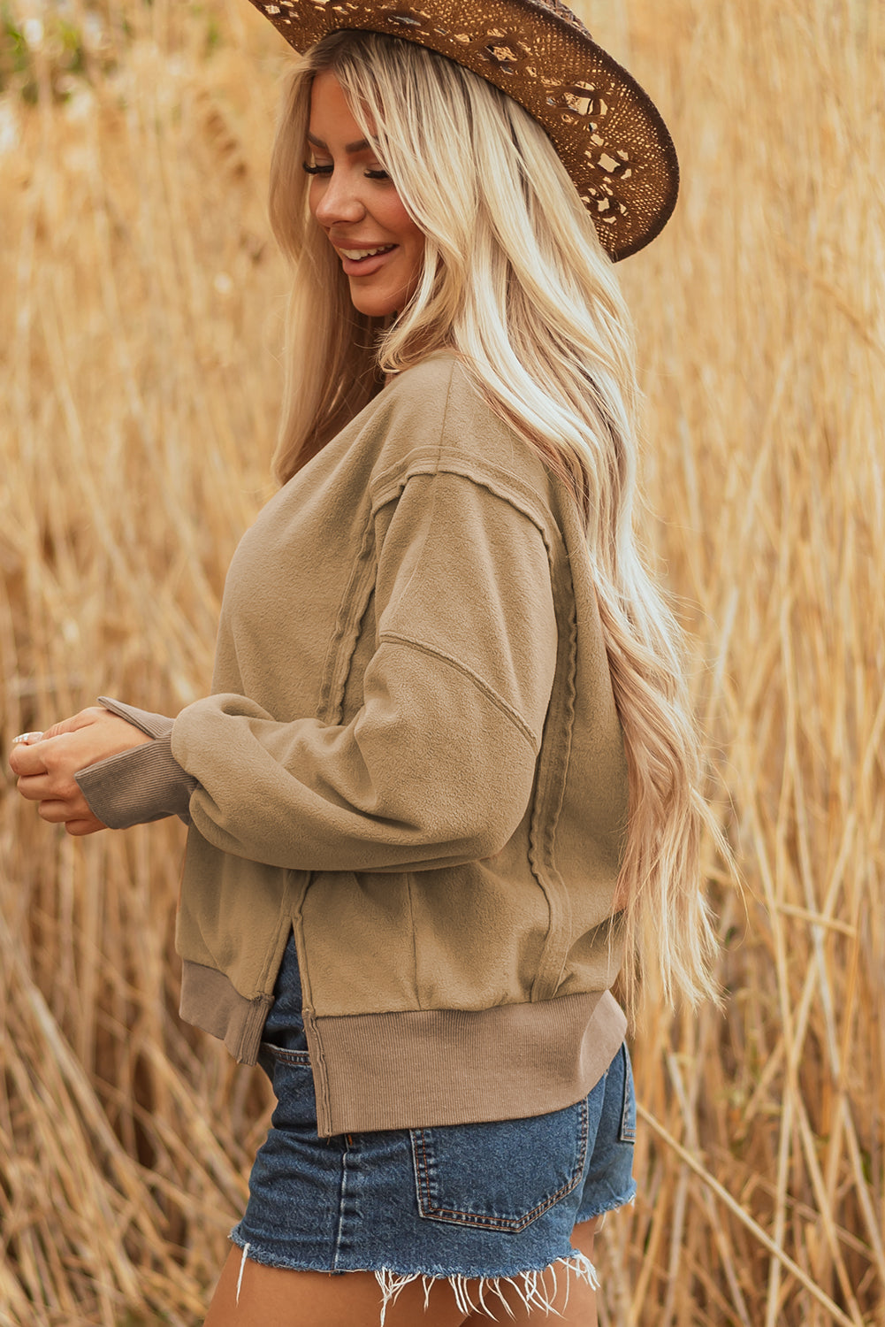 Dark Khaki Fuzzy Sherpa Splicing Pullover Sweatshirt with Side Slit 🇺🇸