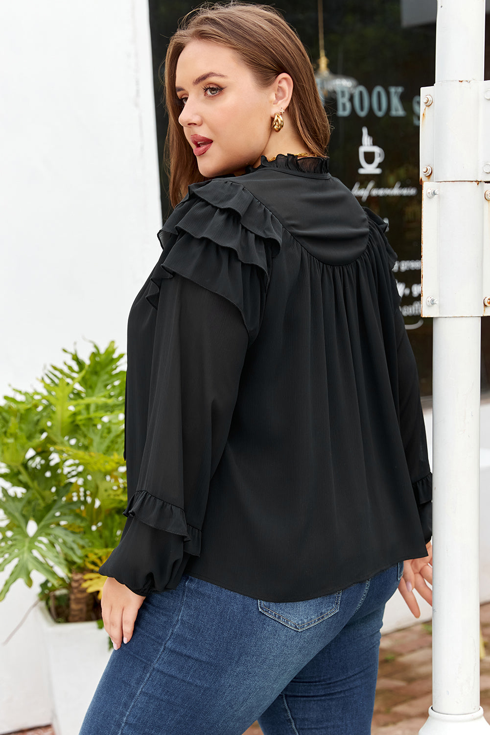 Black Ruffle Balloon Sleeve Chiffon Elegant Plus Size Shirt 🇺🇸