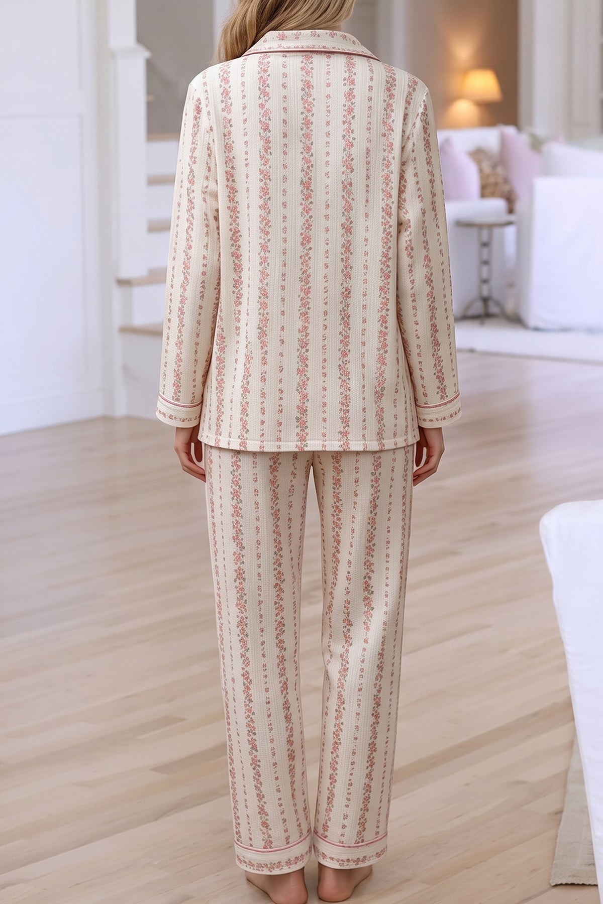 Pink Floral Print Long Sleeve Button Front Shirt Pajama Pant Set 🇺🇸
