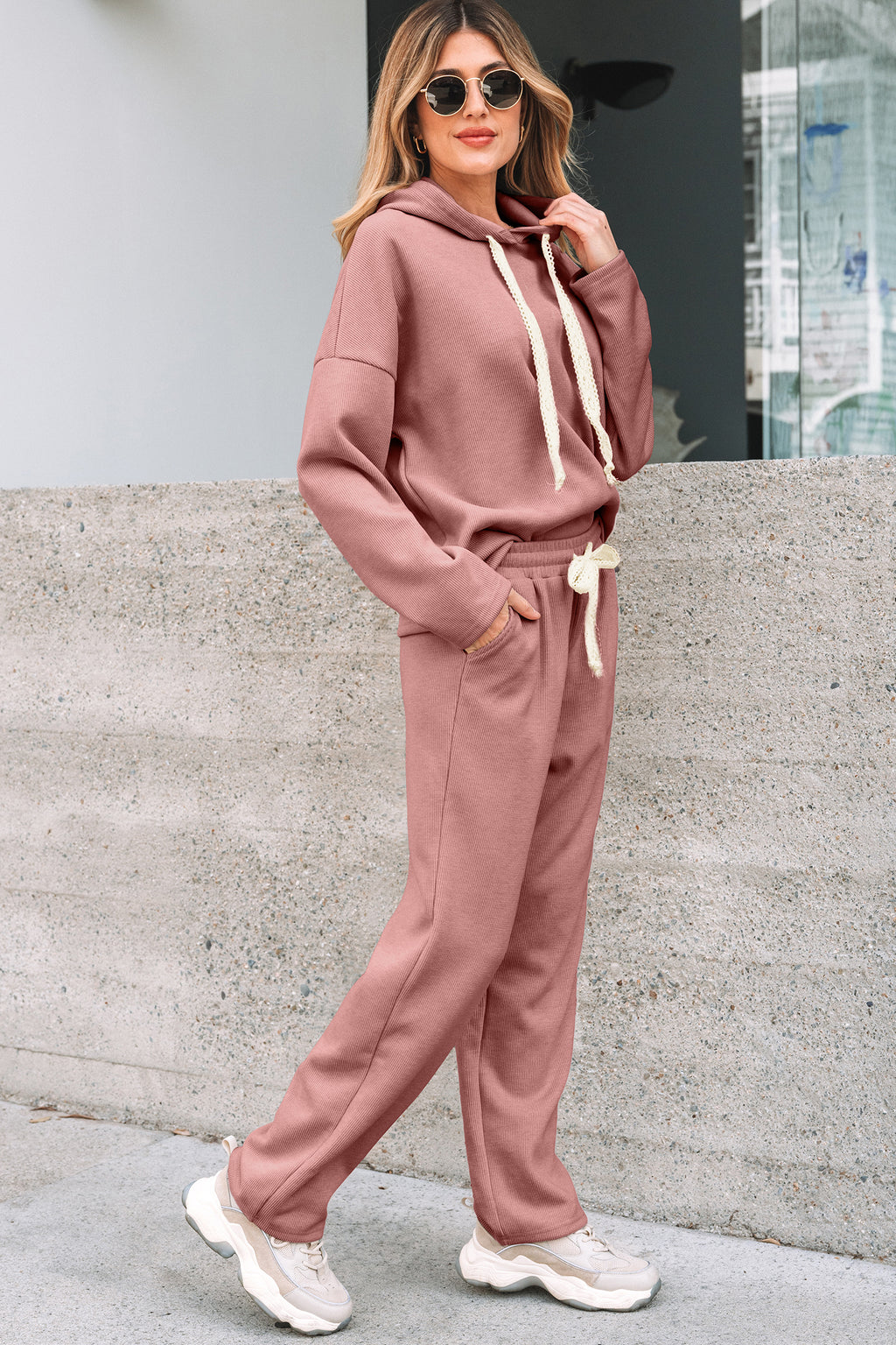 Rose Tan Lace Drawstring Pullover Hoodie and High Waist Pants Corduroy Suit 🇺🇸