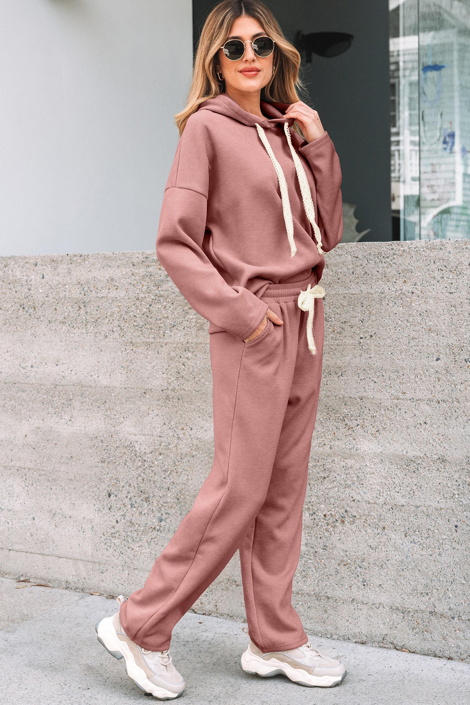 Rose Tan Lace Drawstring Pullover Hoodie and High Waist Pants Corduroy Suit 🇺🇸