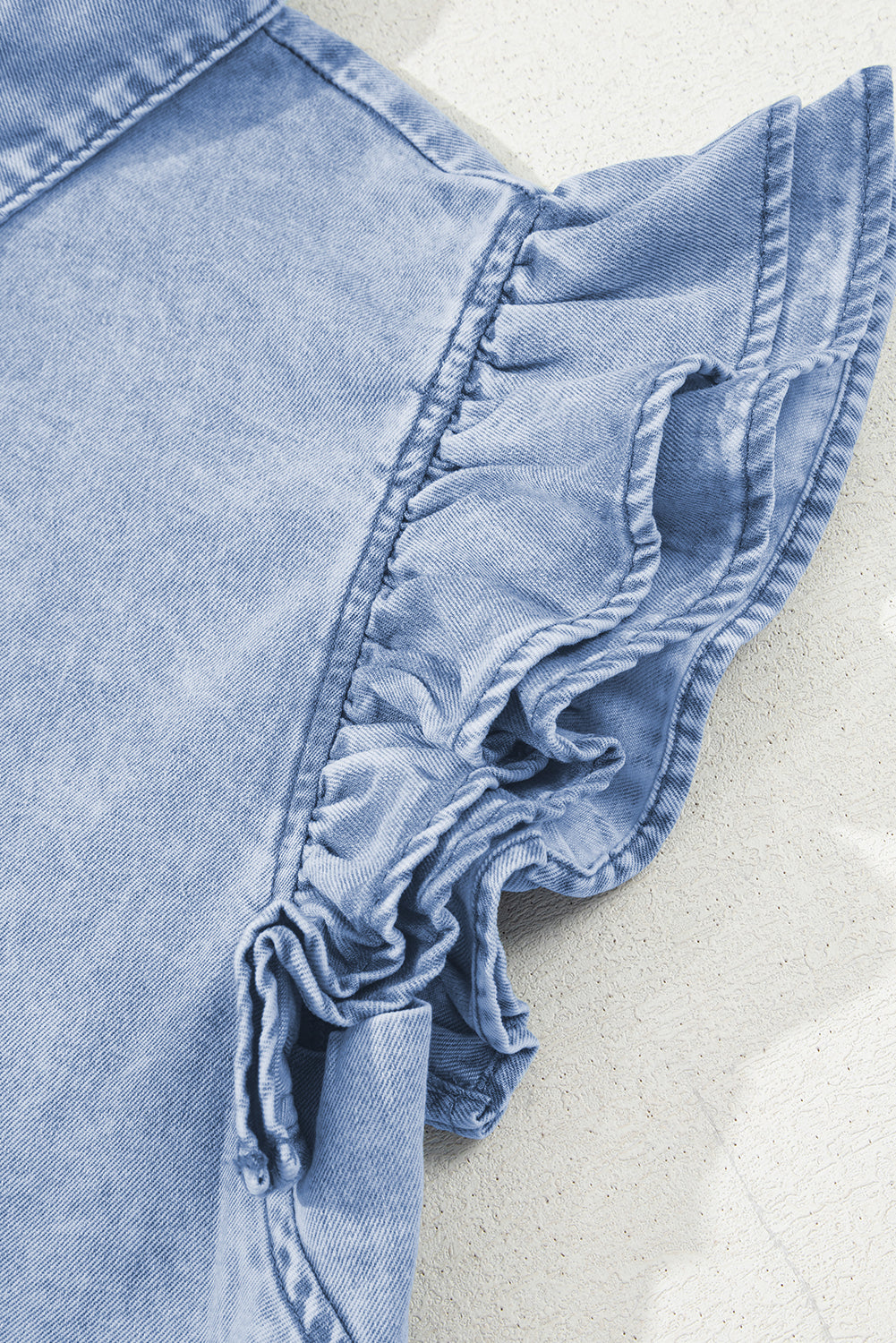 Beau Blue Double Ruffled Sleeves Buttoned A-line Collared Mini Denim Dress 🇨🇳