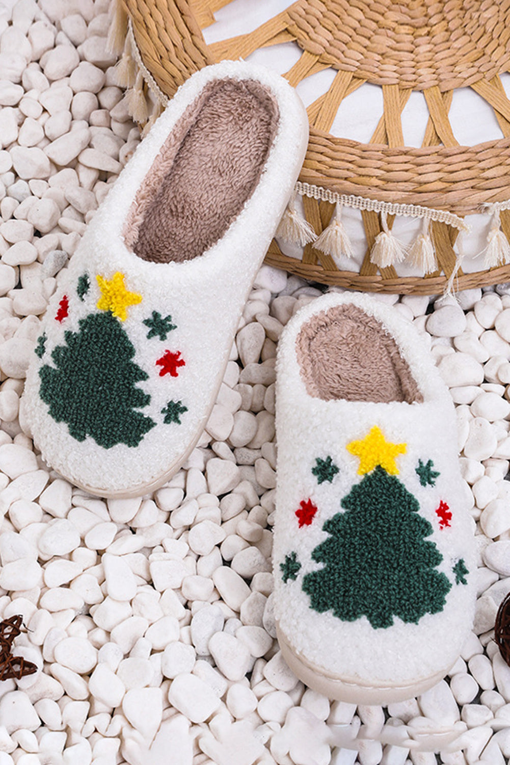 White Fuzzy Christmas Tree Pattern Home Slippers🇺🇸