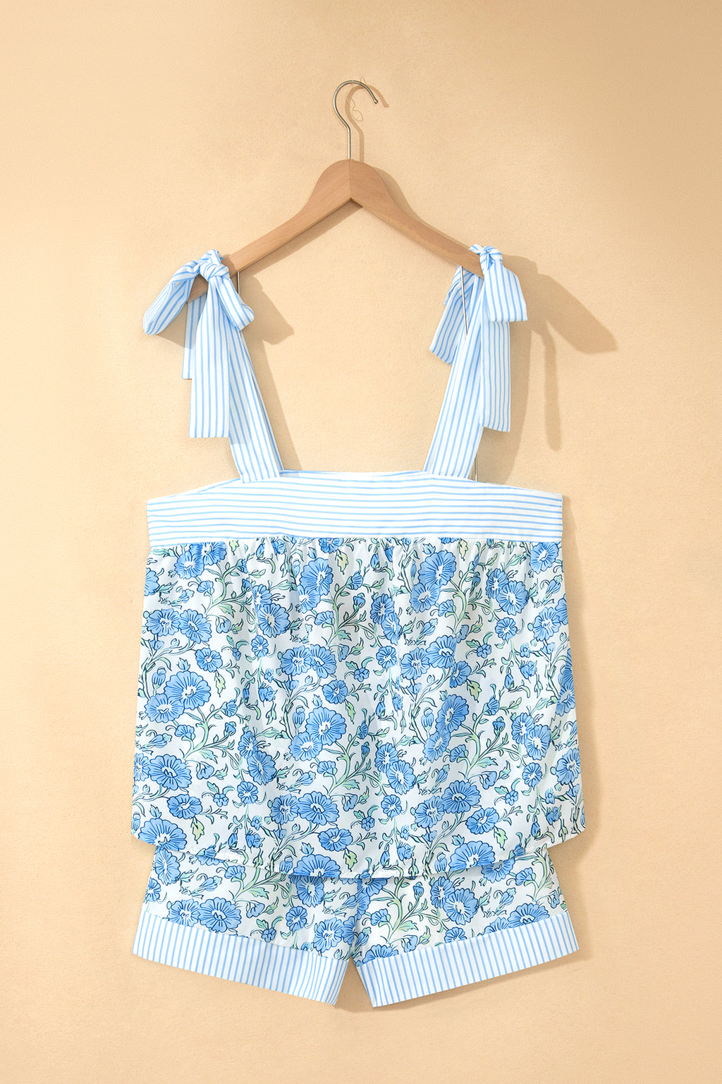 Sky Blue Floral Striped Patchwork Knot Straps 2pcs Short Set 🇺🇸