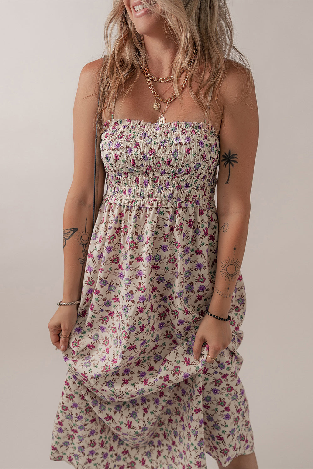 Multicolour Bohemian Ditsy Floral Smocked Fit Flare Sundress 🇺🇸
