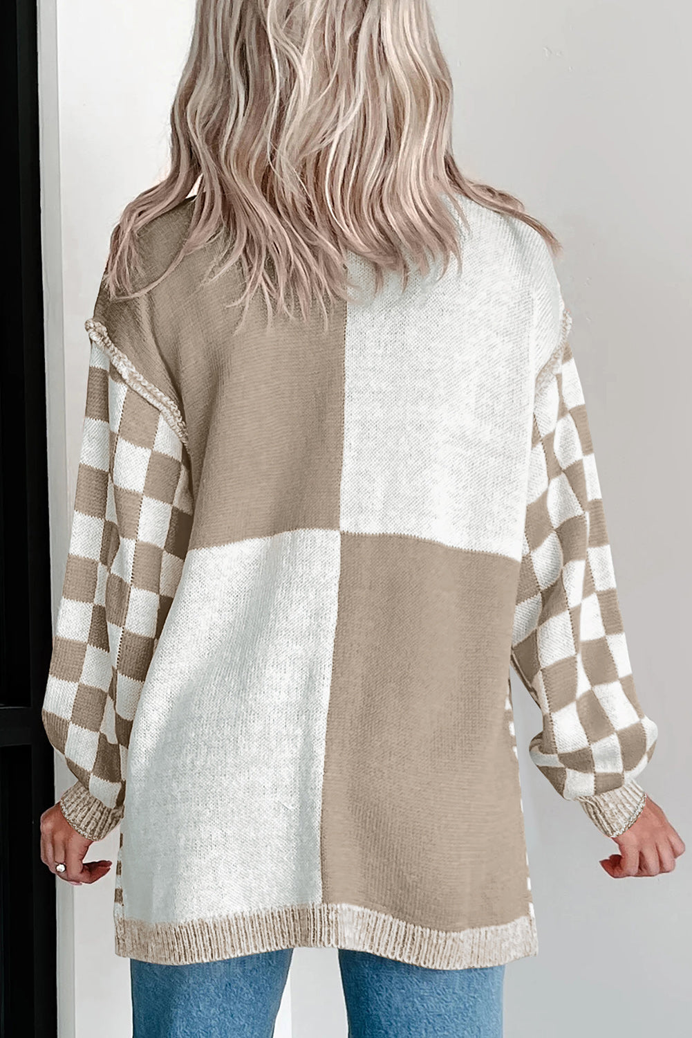 Brown Checkered Open Front Drop Shoulder Cardigan 🇺🇲