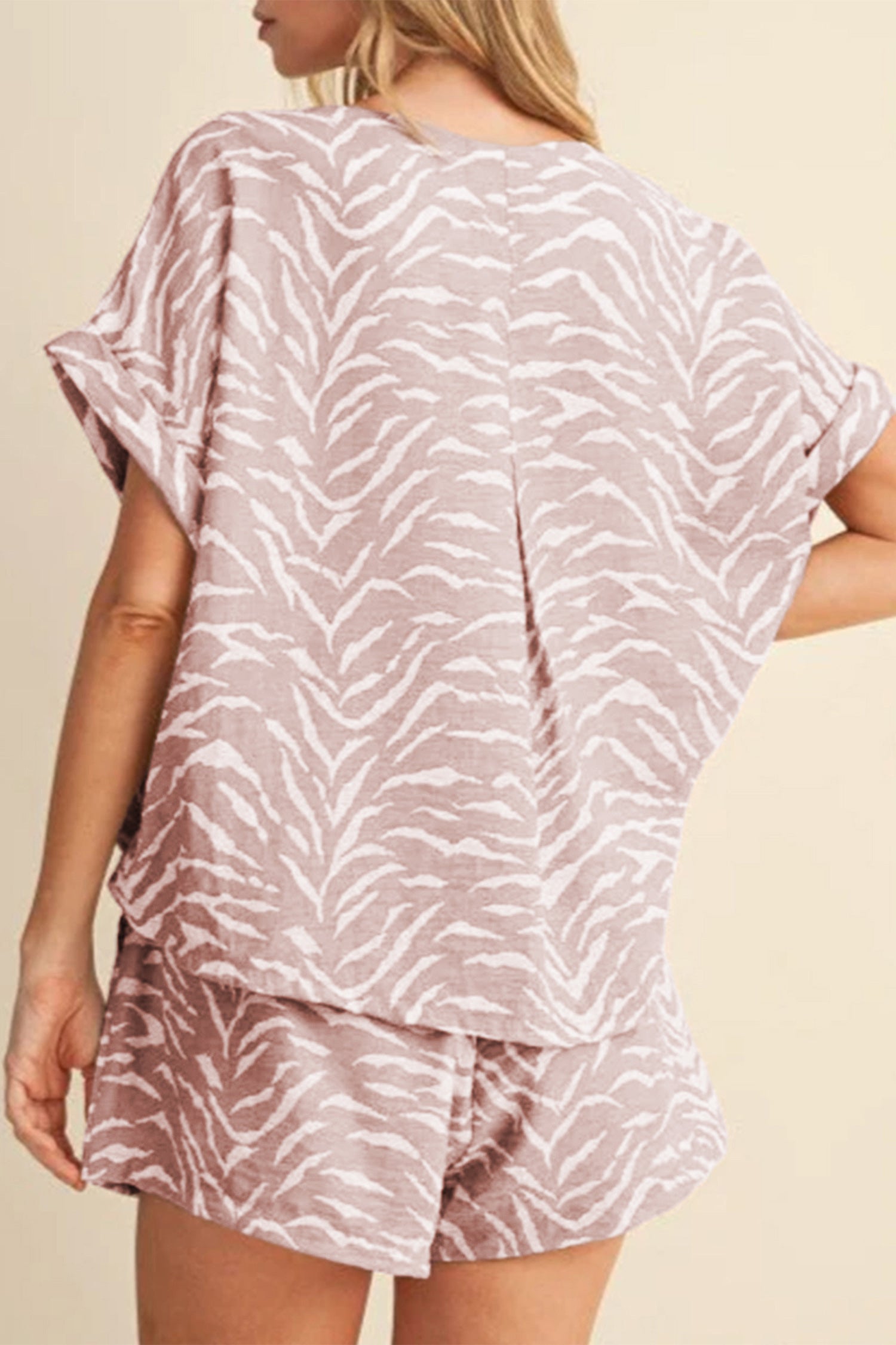 Khaki Abstract Print Cuffed Short Sleeve Loose Top Short Set 🇺🇸