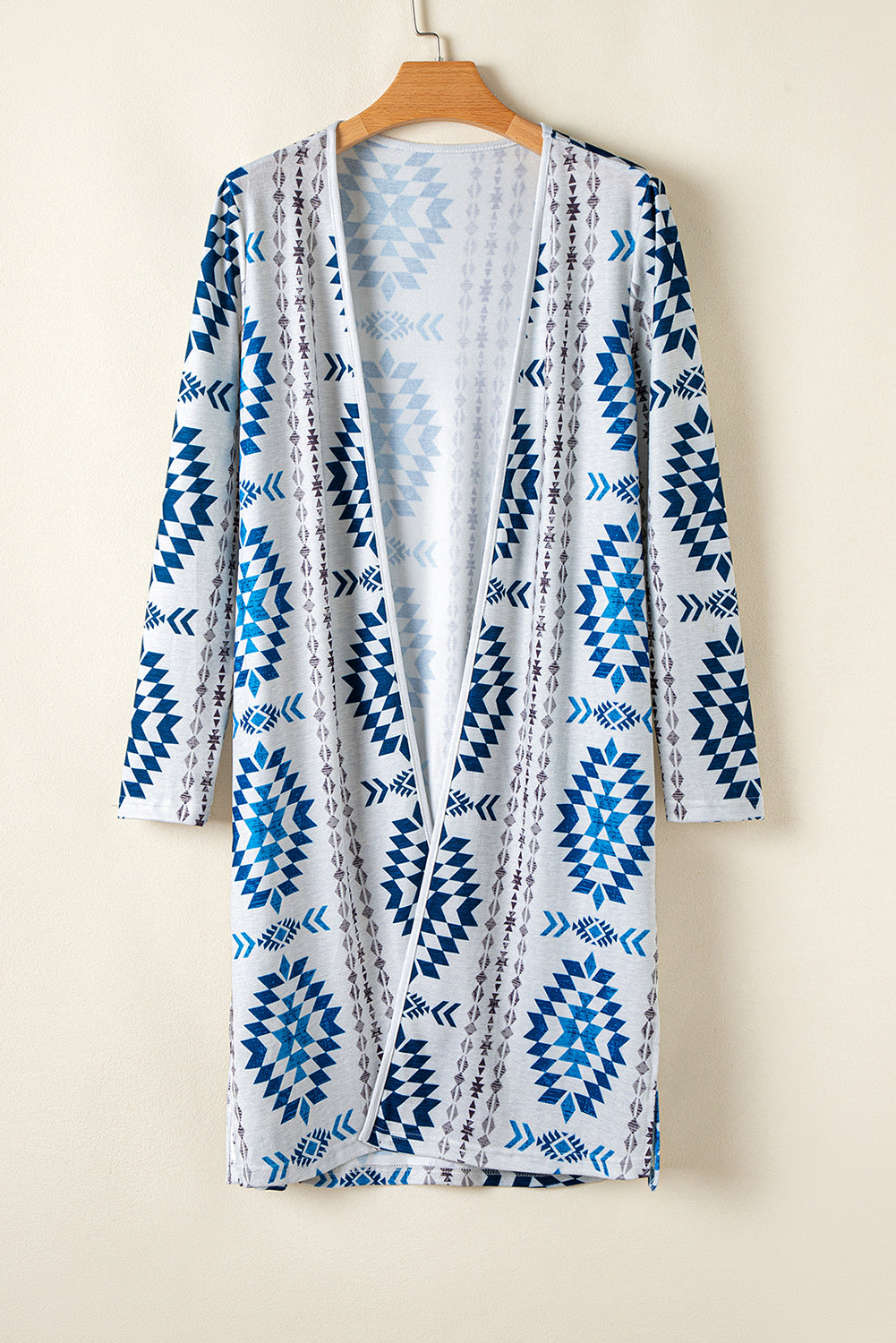 Sky Blue Western Aztec Printed Open Front Long Cardigan 🇺🇲