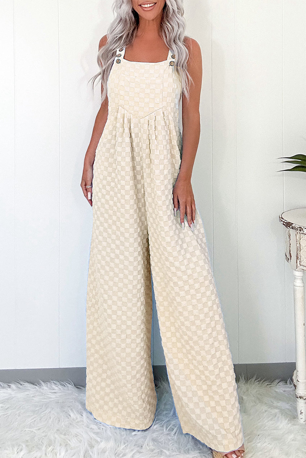 Beige Checkered Pocketed High Waist Wide Leg Overall 🇨🇳