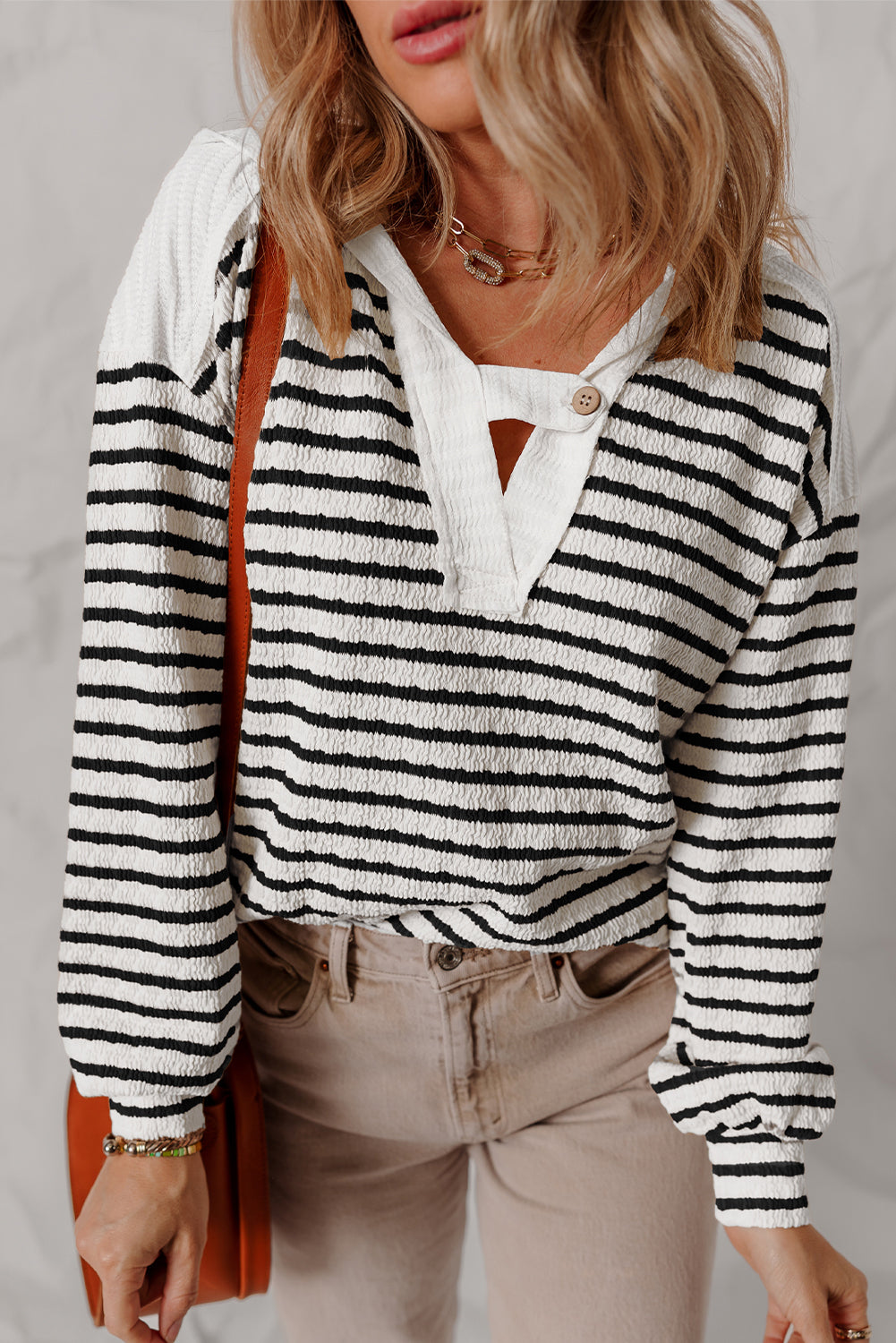 Black Stripe Textured Hooded V Neck Casual Long Sleeve Top 🇺🇸