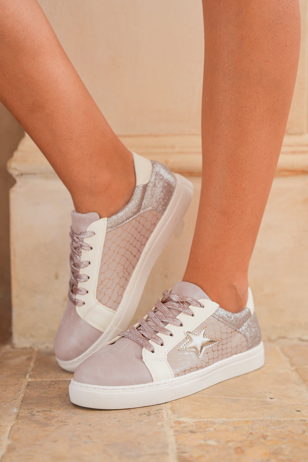 Gold Glitter Star Patchwork PU Leather Lace-up Sneakers 🇺🇸