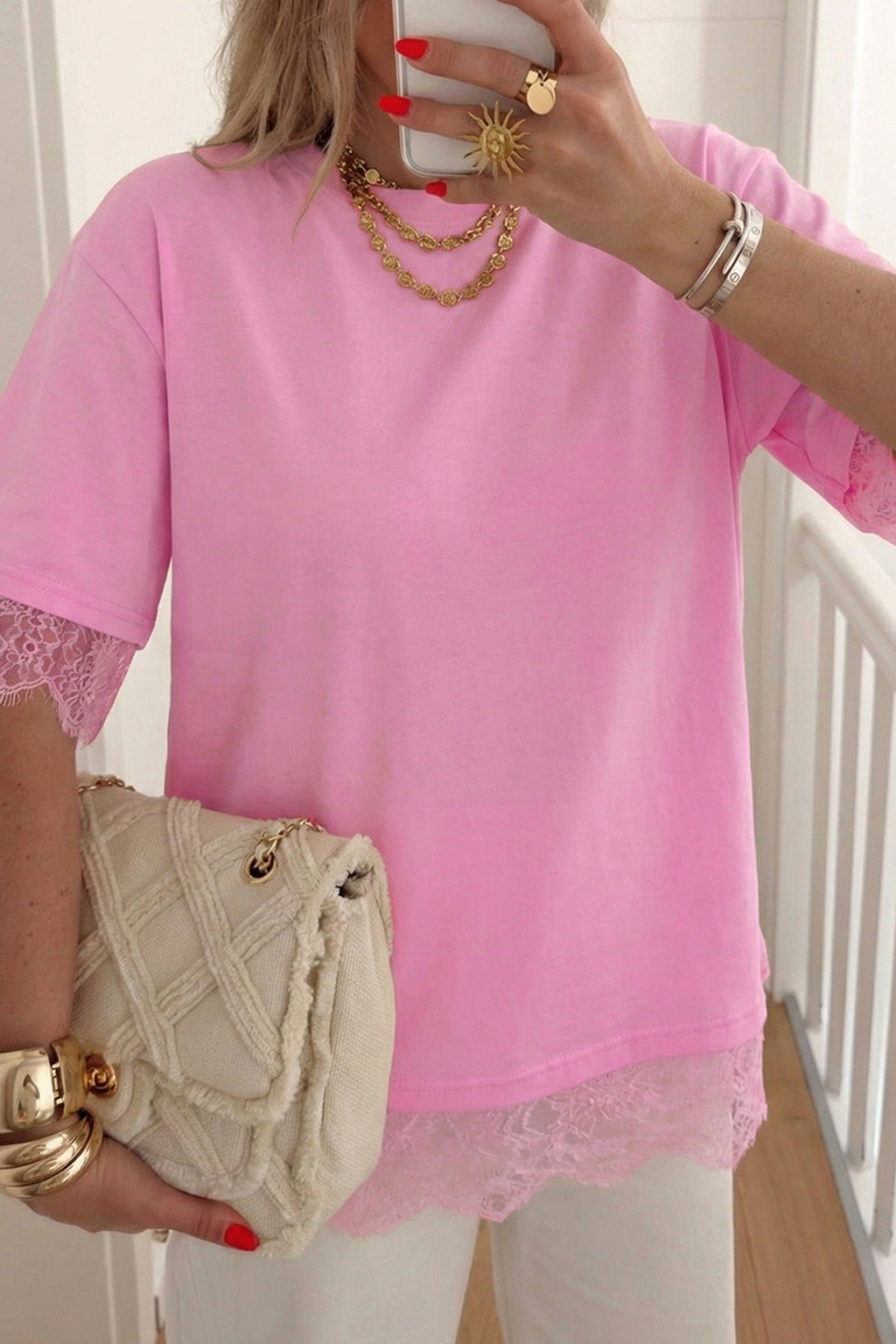 Pink Eyelash Floral Lace Patchwork Half Sleeve Oversize Tee 🇺🇸