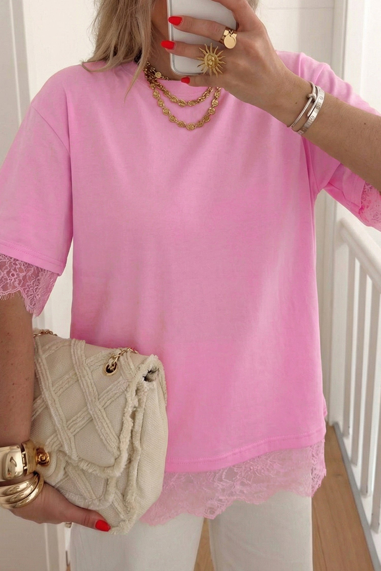 Pink Eyelash Floral Lace Patchwork Half Sleeve Oversize Tee 🇺🇸