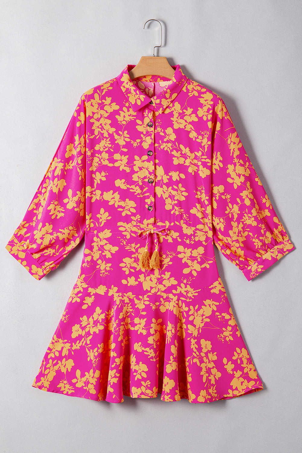Pink Floral Print Drawstring Tunic Flowy Short Dress 🇺🇸