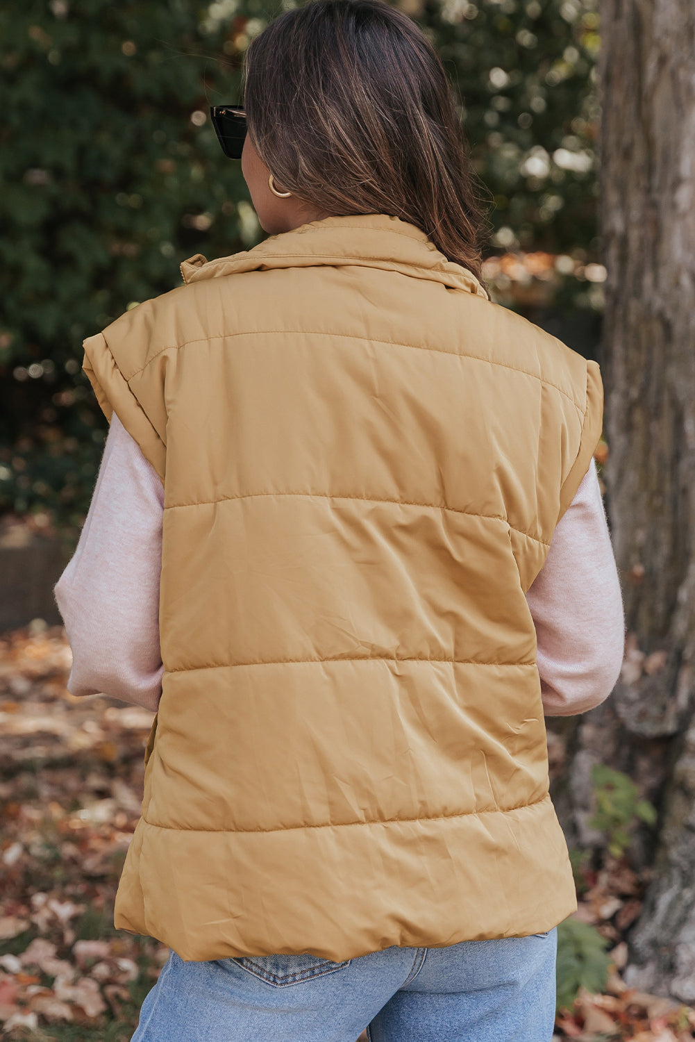 Khaki Oversized Stand Collar Zip Winter Vest 🇺🇸